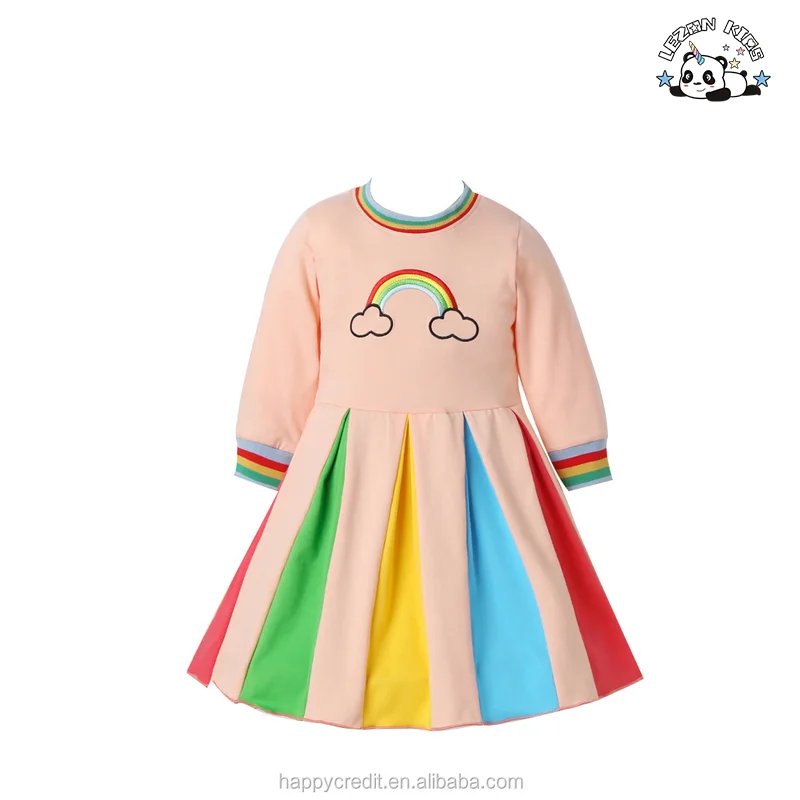 LEZONKIDS - Autumn Long Sleeved Rainbow Colorblock Embroidery Girls Party Dress for Kids Aged 2-14 Years